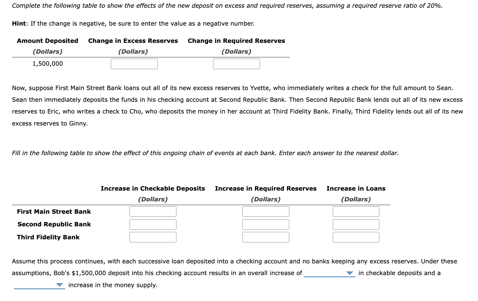 checkable deposits, loans, net worth , reserves ) second: 300k , 1.2m