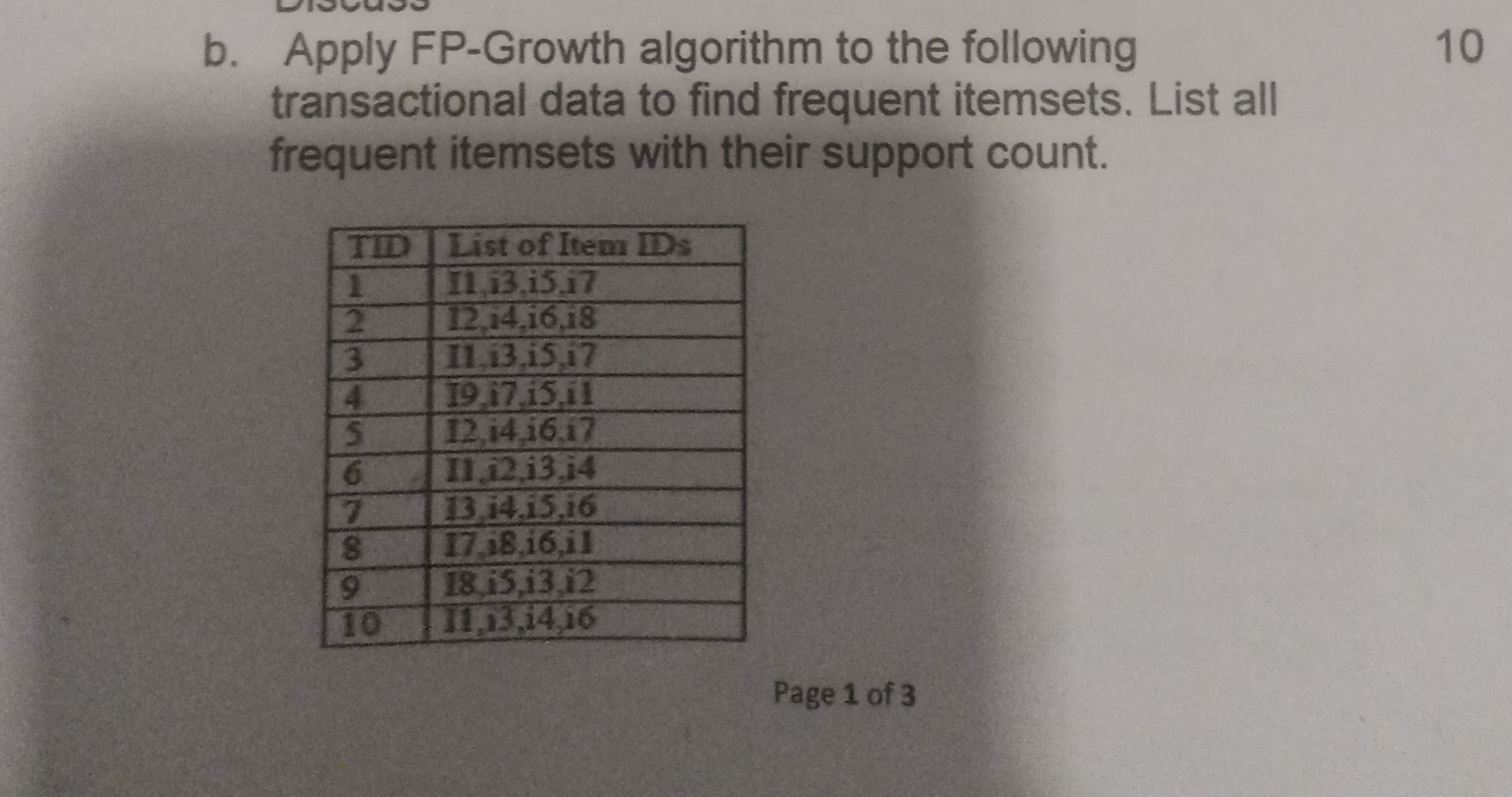  b. Apply FP-Growth algorithm to the following transactional data to find