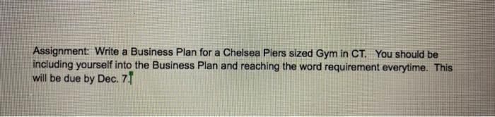  Assignment: Write a Business Plan for a Chelsea Piers sized Gym
