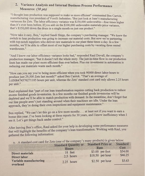  2. Variance Analysis and Internal Business Process Performance Measures: (30pts) "I