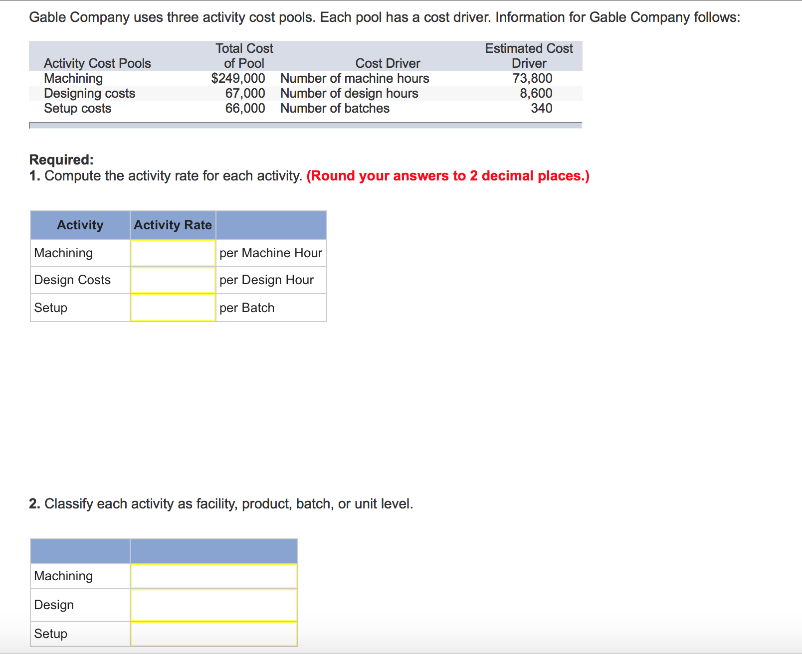  Gable Company uses three activity cost pools. Each pool has a