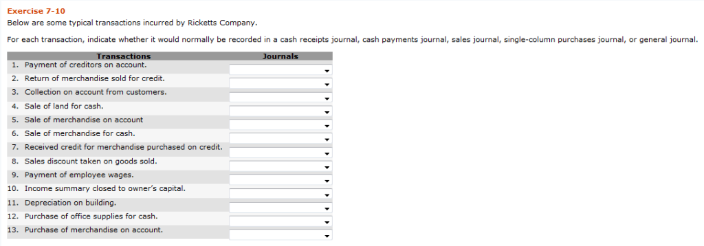 Exercise 7-10 Below are some typical transactions incurred by Ricketts Company