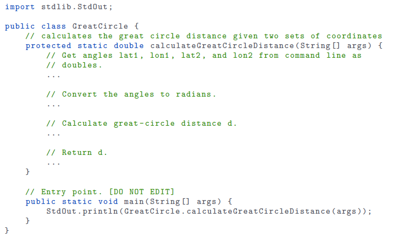 a program GreatCircle.java that takes four doubles X1, yi, X2, and y2