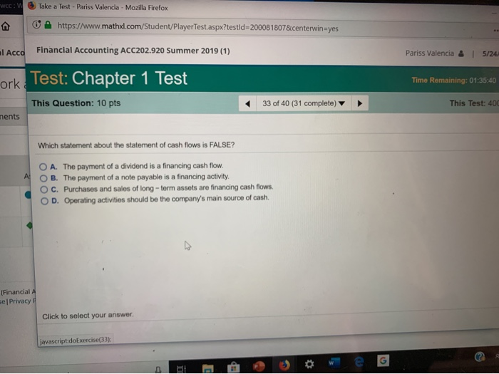  Take a Test-Panss Valencia , Mozilla Firefox | e https://www mathxl.com/Student/PlayerTest.aspx?testid-200081807&centen