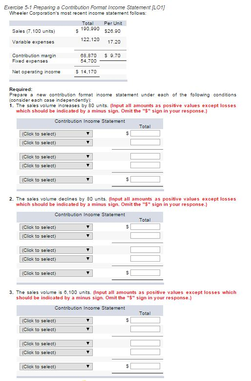  Exercise 5-1 Preparing a Contribution Format Income Statement (LO1) Wheeler Corporations