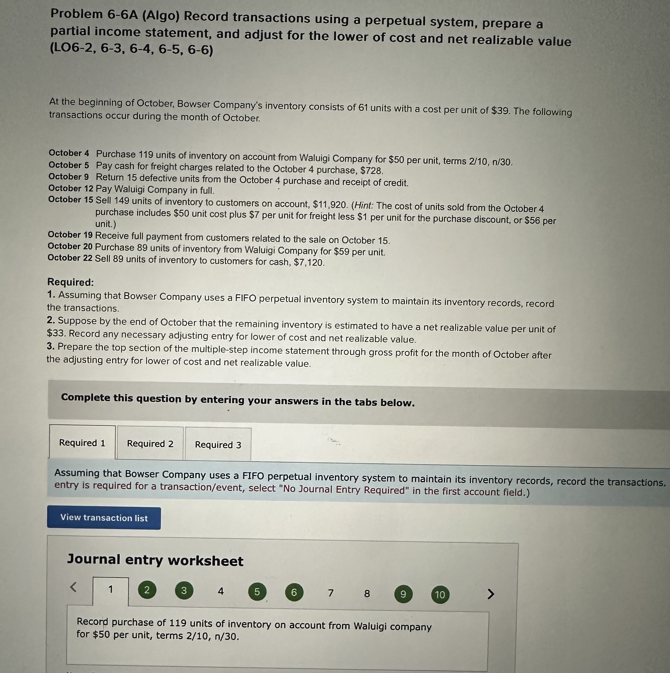  Problem 6-6A (Algo) Record transactions using a perpetual system, prepare a