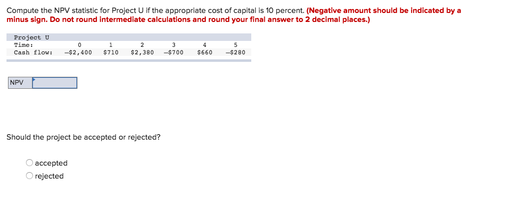 Compute the NPV statistic for Project U if the appropriate cost