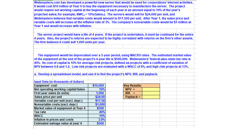 Please show excel formulas to solve Webmasters.com has developed a powerful new
