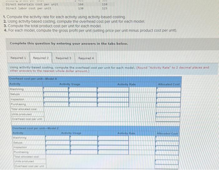 model. 3. Compute the total product cost per unit for each model.