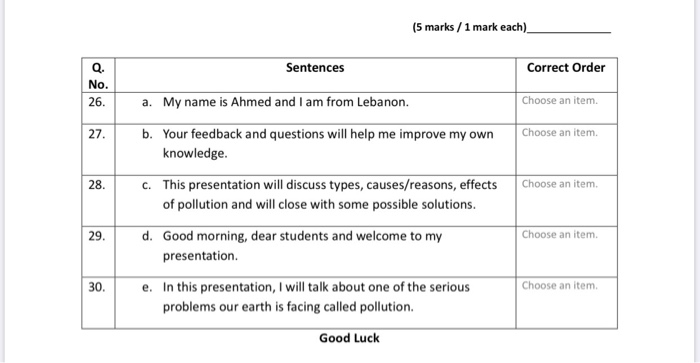  (5 marks / 1 mark each) Sentences Correct Order Q. No.