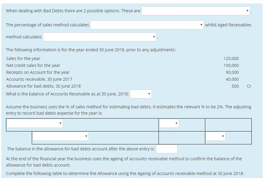 When dealing with Bad Debts there are 2 possible options. These