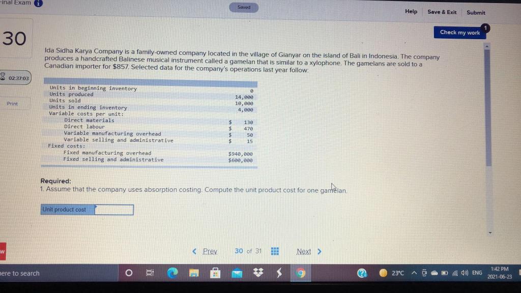 Final Exam Saved Help Save & Exit Submit Check my work