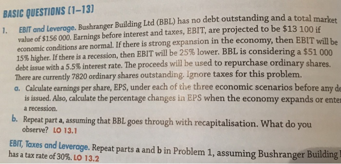  BASIC QUESTIONS (1-13 1. EBIT and Leverage. Bushranger Building Ltd (BBL)
