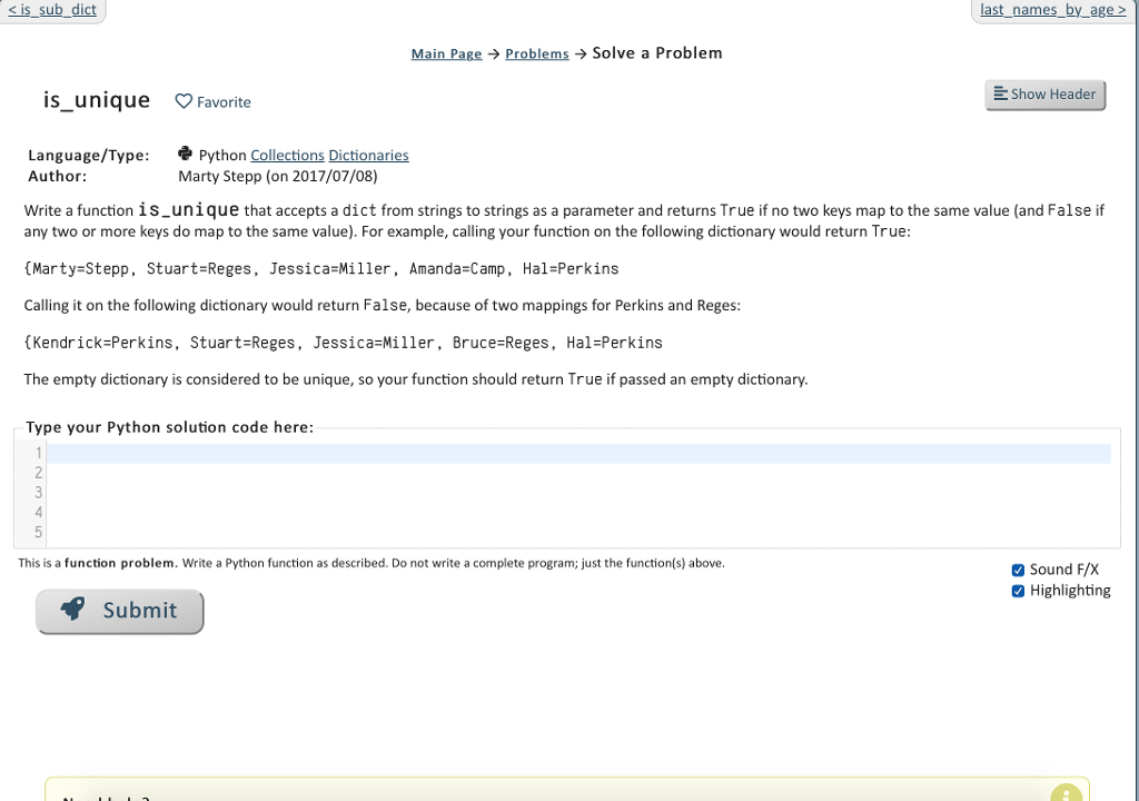 Code is in python and is only asking for a function (no