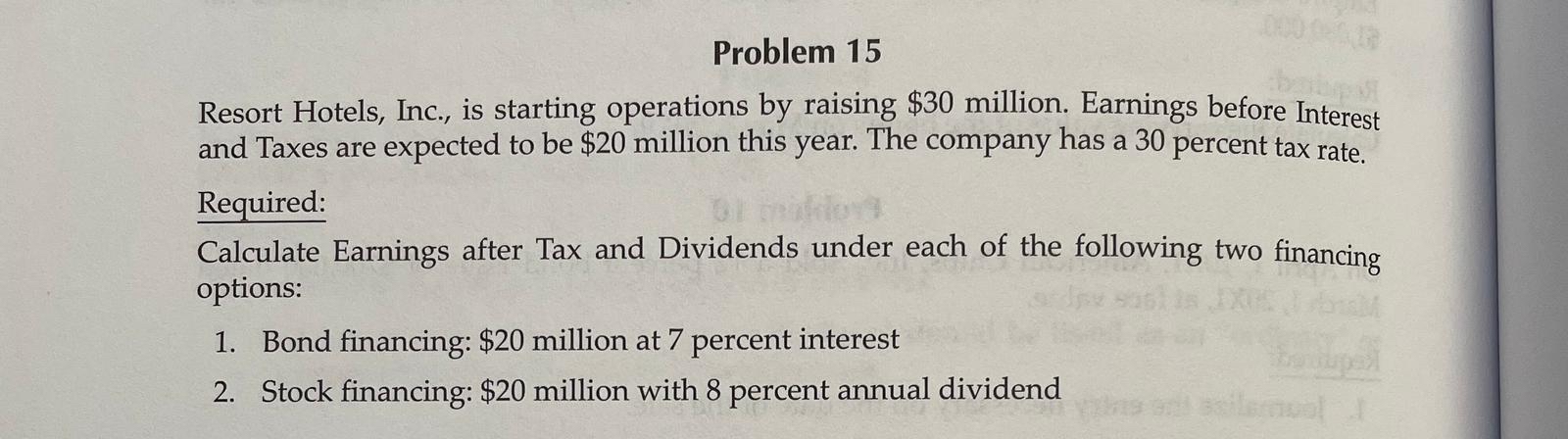  Problem 15 Resort Hotels, Inc., is starting operations by raising $30