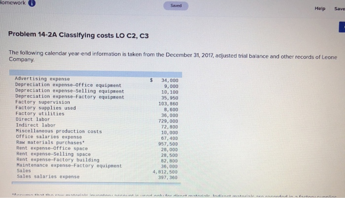  lomework Saved Help Save Problem 14-2A Classifying costs LO C2, C3