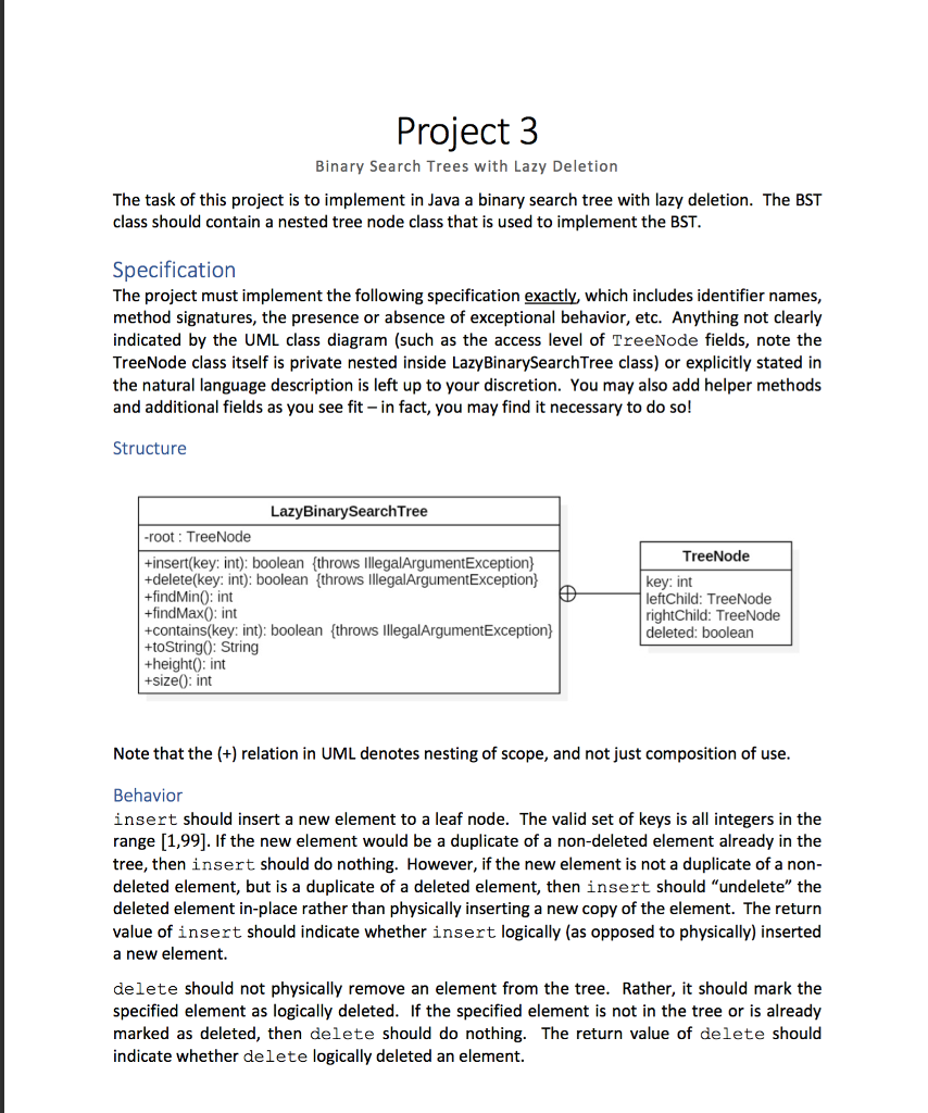  Java Code must be written as stated in the Instructions. Project