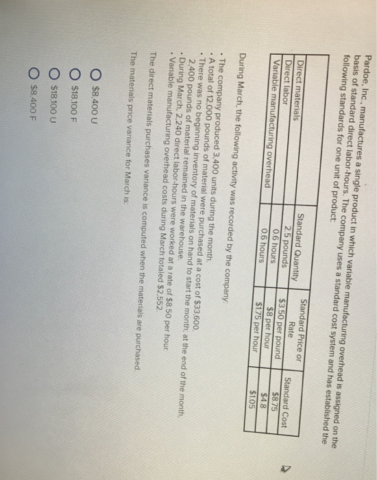  Pardoe, Inc, manufactures a single product in which variable manufacturing overhead