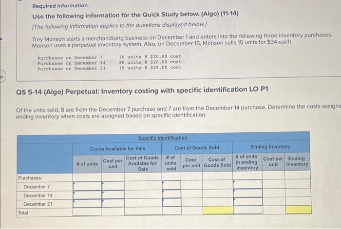  Required information Use the following information for the Quick Study below.
