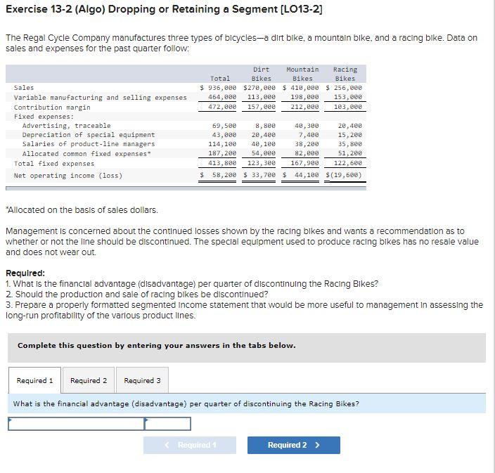  Exercise 13-2 (Algo) Dropping or Retaining a Segment [LO13-2) The Regal