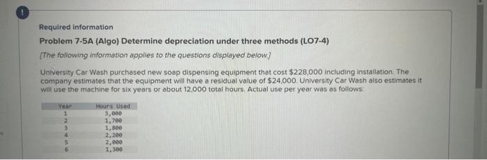  Required information Problem 7-5A (Algo) Determine depreciation under three methods (LO7-4)
