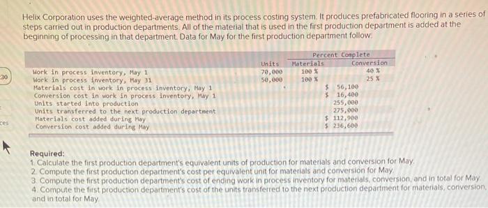  Helix Corporation uses the weighted average method in its process costing