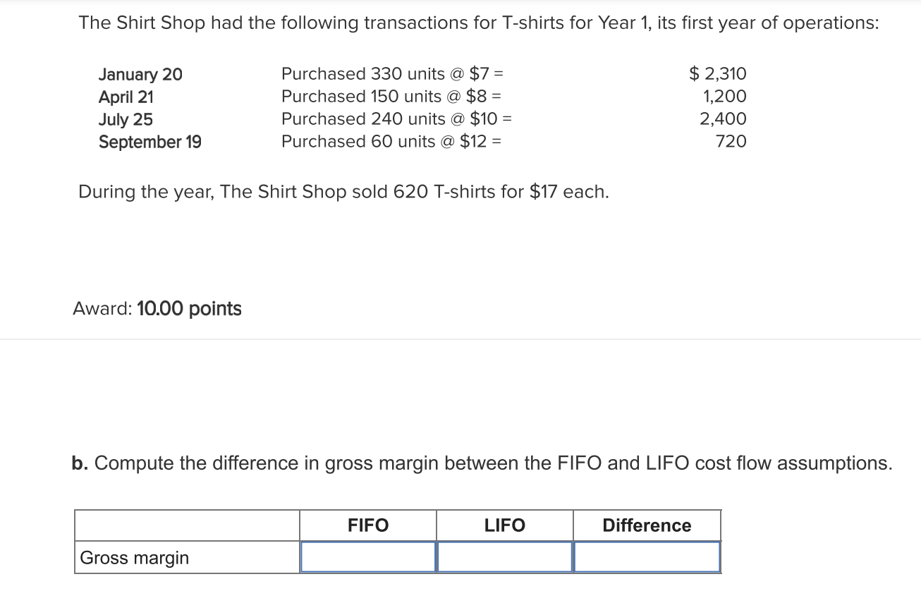  b. Compute the difference in gross margin between the FIFO and
