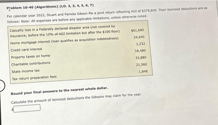  Pfoblem 10-40 (Algorithmic) (LO. 2, 3, 4, 5, 6, 7) For