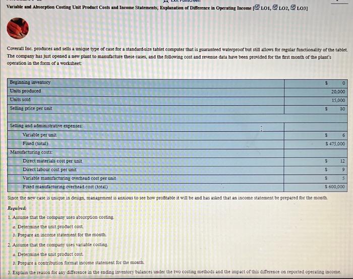Costing Unit Product Cost and Income Statemento; Explanation of Difference in Operating