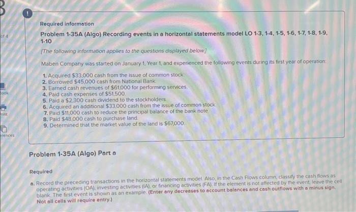  Required information Problem 1-35A (Algo) Recording events in a horizontal statements