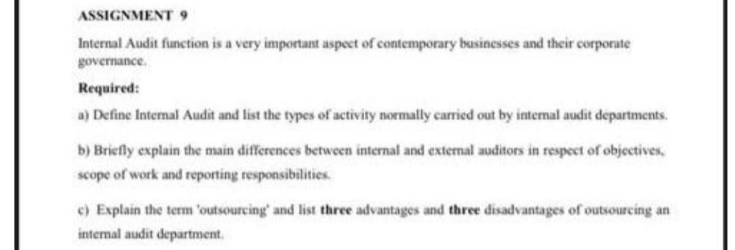  ASSIGNMENT 9 Internal Audit function is a very important aspect of