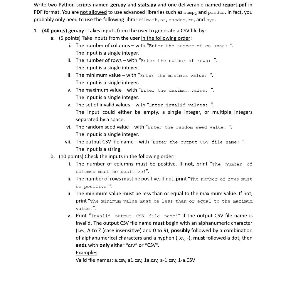 Need help with a PYTHON LANGUAGE program. Create a script named gen.py