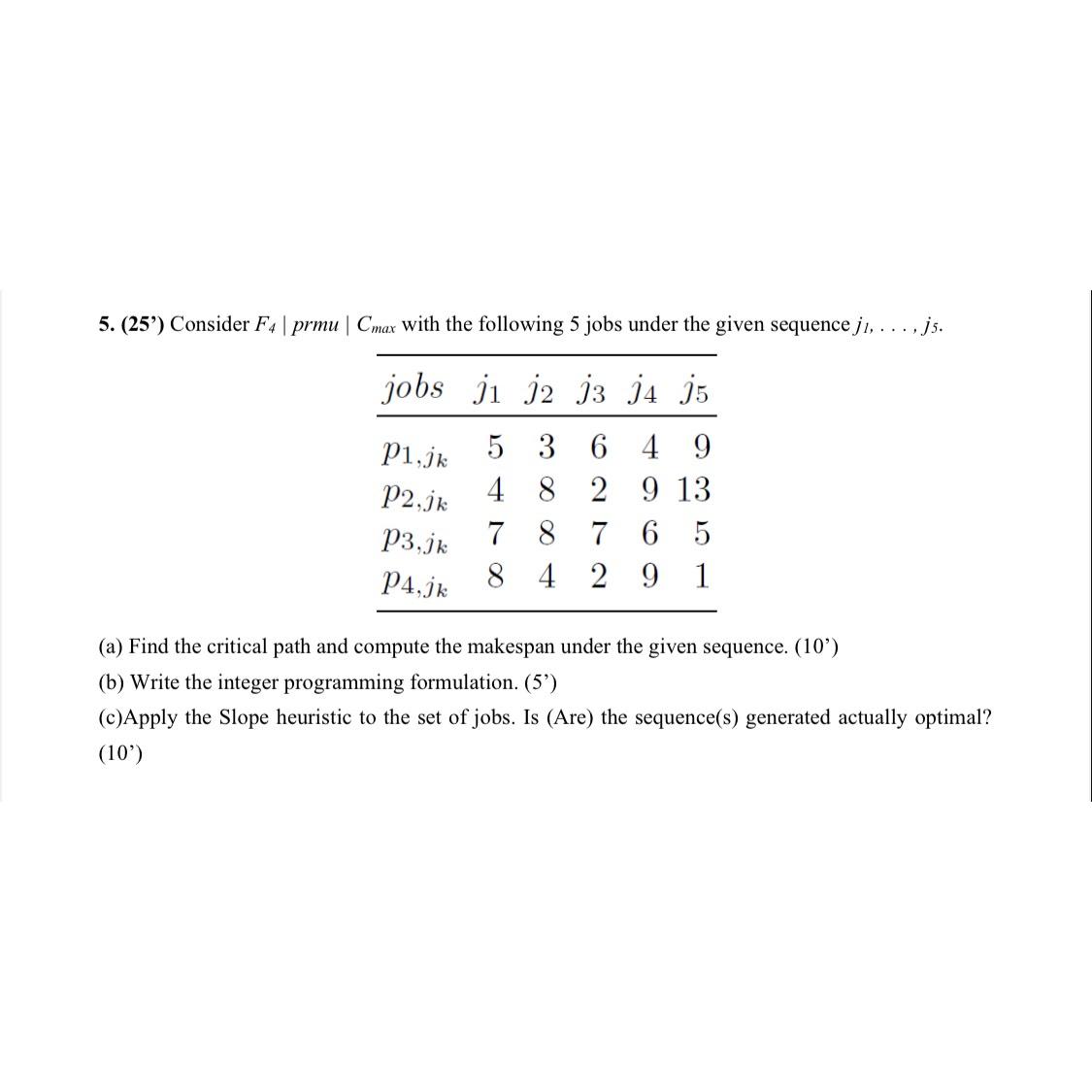  (25') Consider F4|| prmu |Cmax| with the following 5 jobs under