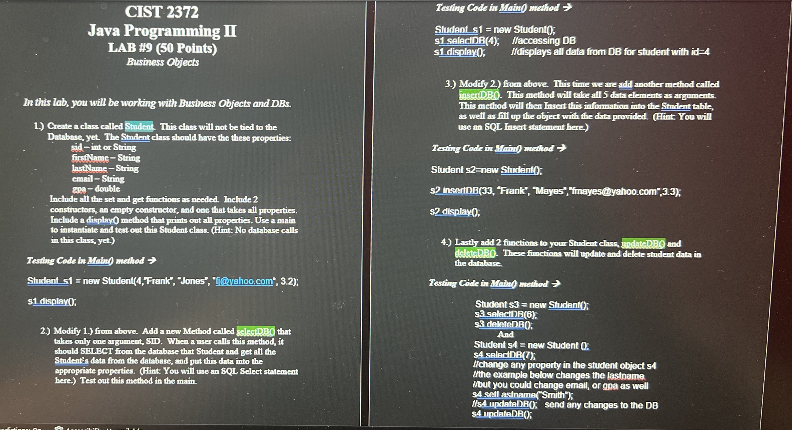  CIST 2372 Java Programming II LUAB #9(50 Points) Business Objects In