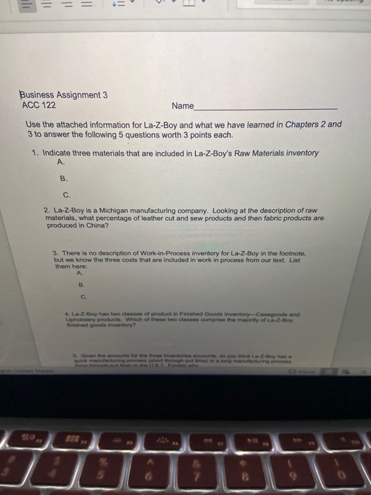  I! = = Name Business Assignment 3 ACC 122 Use the