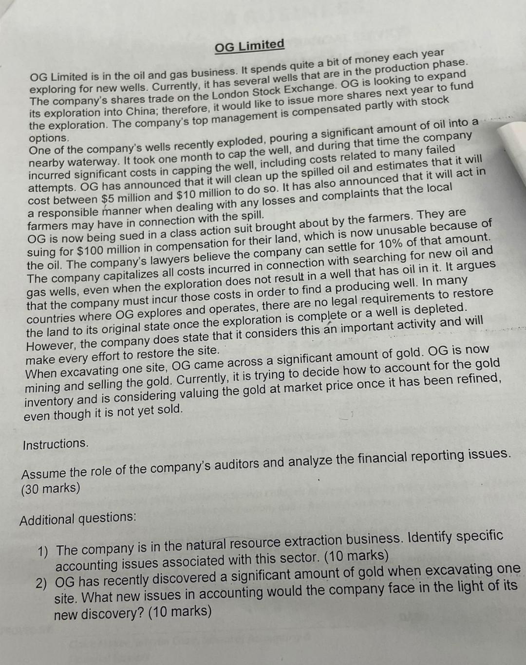 Please answer the Additional Questions. OG Limited OG Limited is in