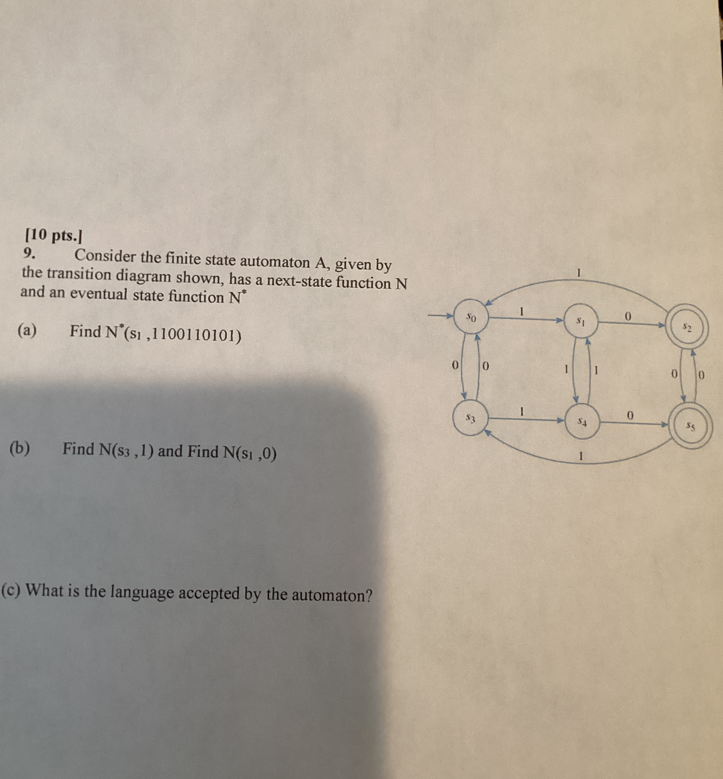  [10 pts.] 9. Consider the finite state automaton A, given by