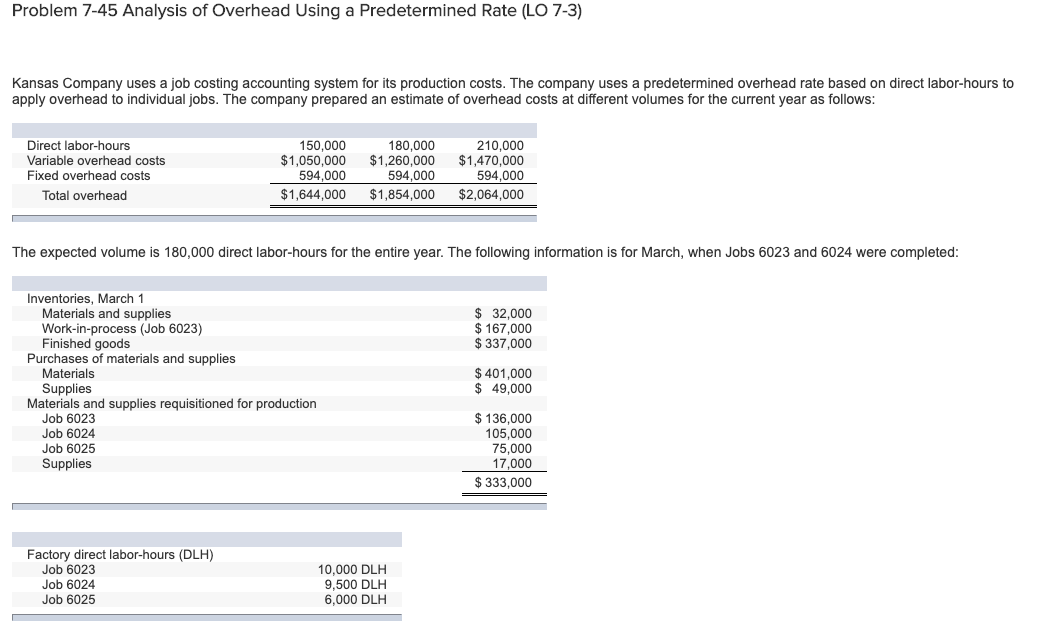  Problem 7-45 Analysis of Overhead Using a Predetermined Rate (LO 7-3)
