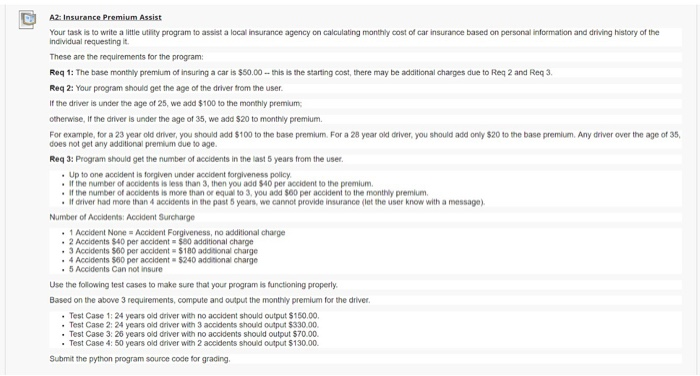  I need help with this python code. A2: Insurance Premium Assist