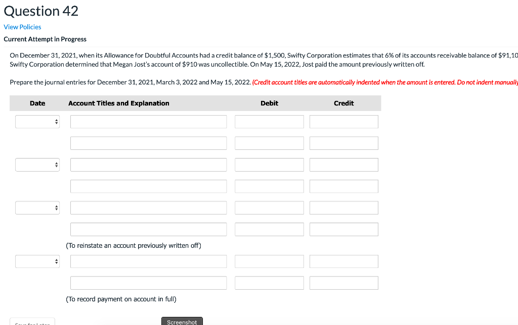 Question 42 View Policies Current Attempt in Progress On December 31,