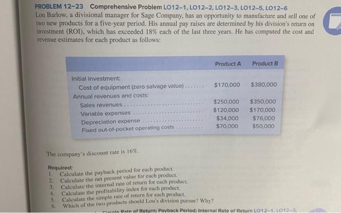 please solve PROBLEM 12-23 Comprehensive Problem LO12-1, LO12-2, LO12-3, LO12-5, L012-6 Lou