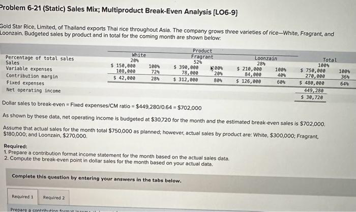  Problem 6-21 (Static) Sales Mix; Multiproduct Break-Even Analysis [LO6-9] Sold Star