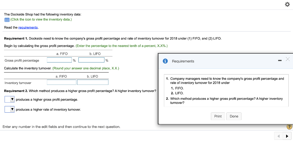 The DocksideDockside Shop had the following inventory data: LOADING... (Click the
