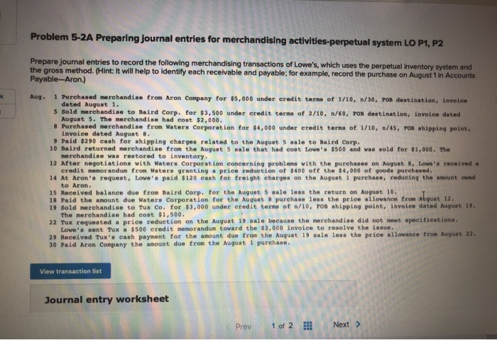  Problem 5-2A Preparing journal entries for merchandising activities-perpetual system LO P1,