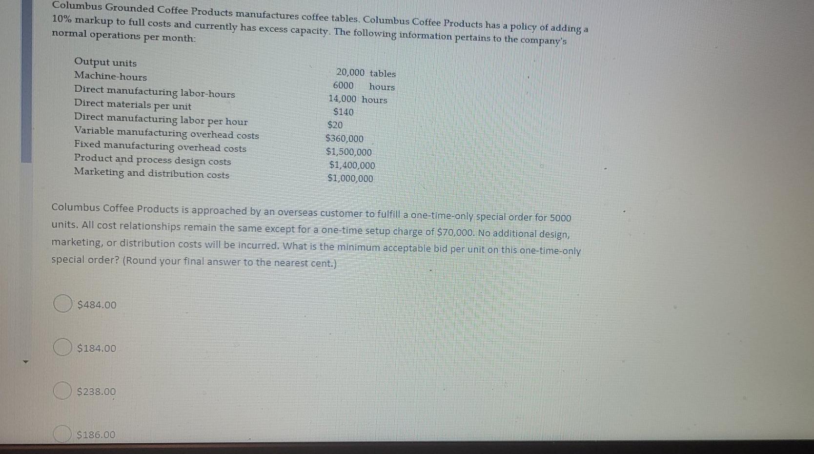 Marketing costs Fixed costs: Manufacturing overhead Marketing costs Total costs Markup (20%