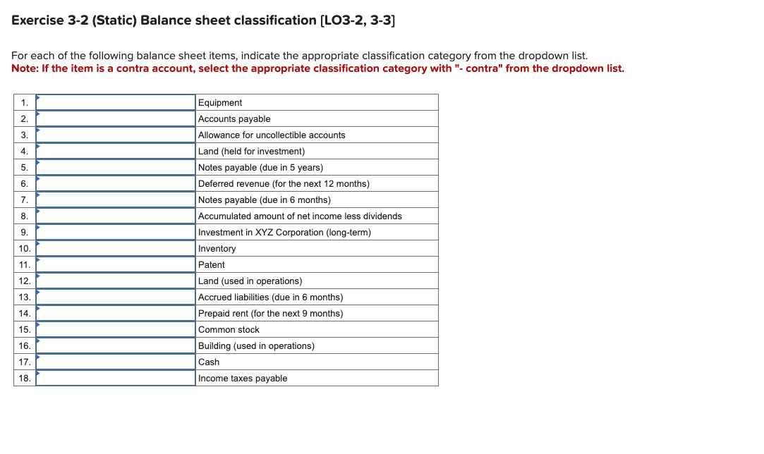 the following balance sheet items, indicate the appropriate classification category from the