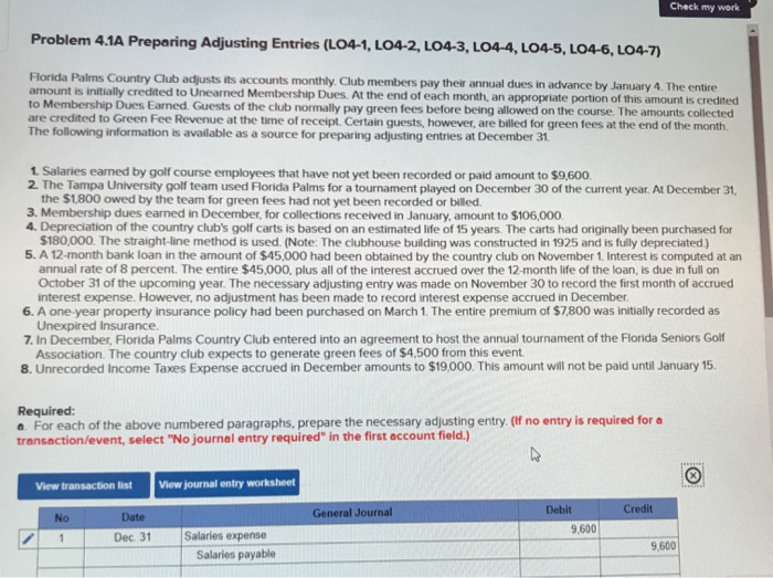  Check my work Problem 4.1A Preparing Adjusting Entries (L04-1, LO4-2, L04-3,