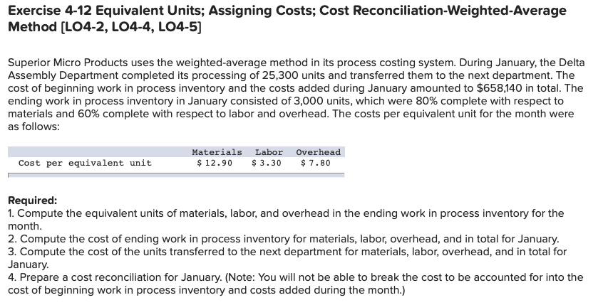 Exercise 4-12 Equivalent Units; Assigning Costs; Cost Reconciliation-Weighted Average Method (L04-2,