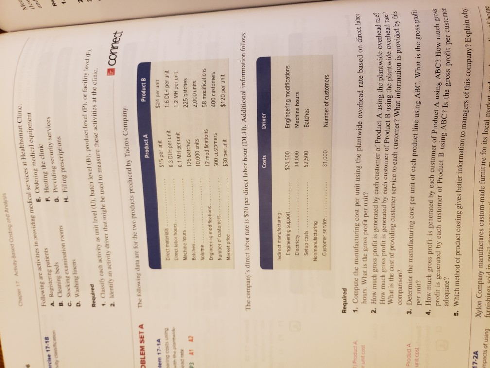  1. Classify each activity as unit level ( U ) ,