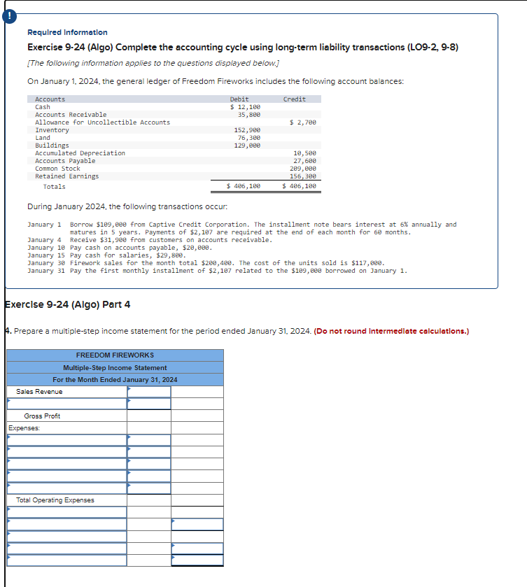  Requlred Informatlon Exercise 9-24 (Algo) Complete the accounting cycle using long-term
